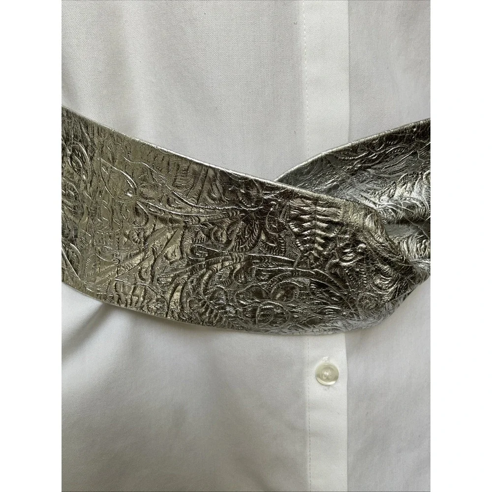 Nina Arjani Leatherlock Metallic Silver Leather Belt Crossover Statement Belt